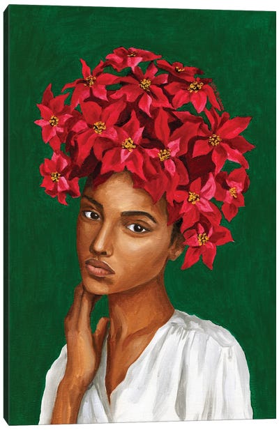 Girl With Poinsettia Flowers Canvas Art Print - Poinsettia Art