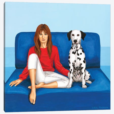 Girl With Dalmatian Dog On A Blue Sofa Canvas Print #MKC26} by Mila Kochneva Canvas Print