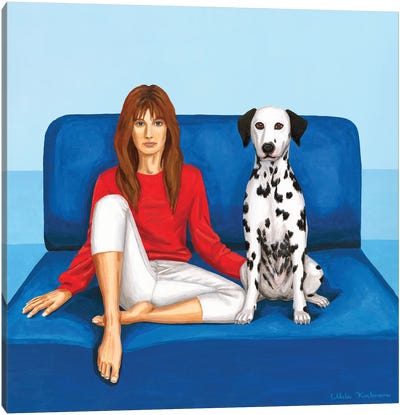 Girl With Dalmatian Dog On A Blue Sofa Canvas Art Print - Women's Pants Art