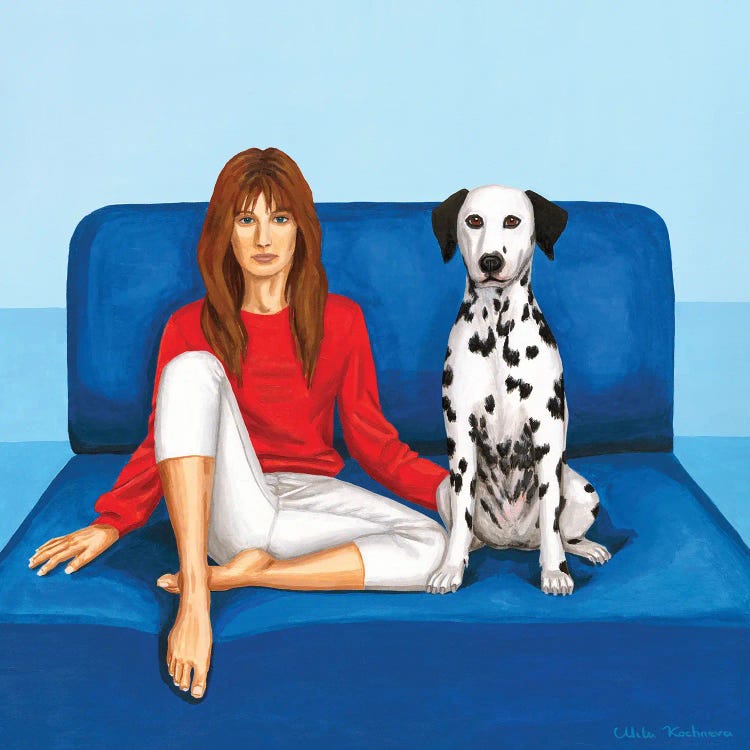 Girl With Dalmatian Dog On A Blue Sofa