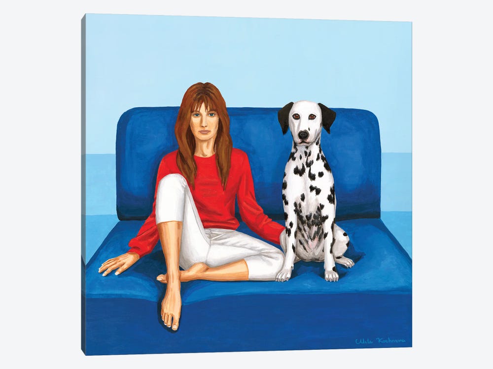 Girl With Dalmatian Dog On A Blue Sofa by Mila Kochneva 1-piece Canvas Artwork