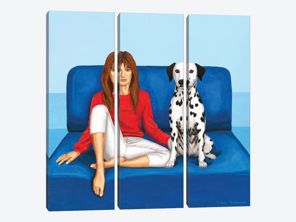 Girl With Dalmatian Dog On A Blue Sofa by Mila Kochneva 3-piece Canvas Art