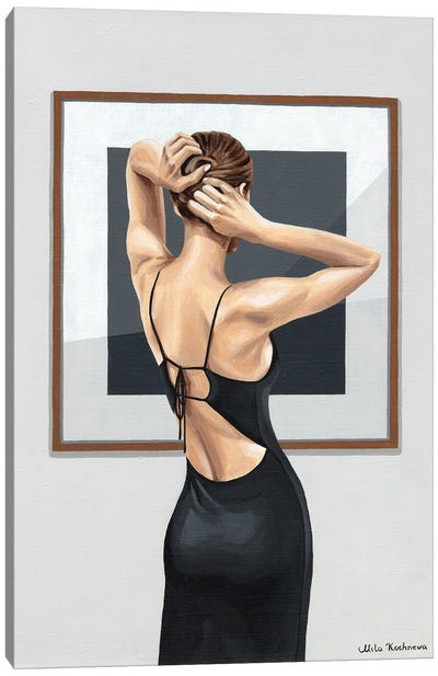 Woman In Gallery. Malevich's Black Square Canvas Art Print - Mila Kochneva