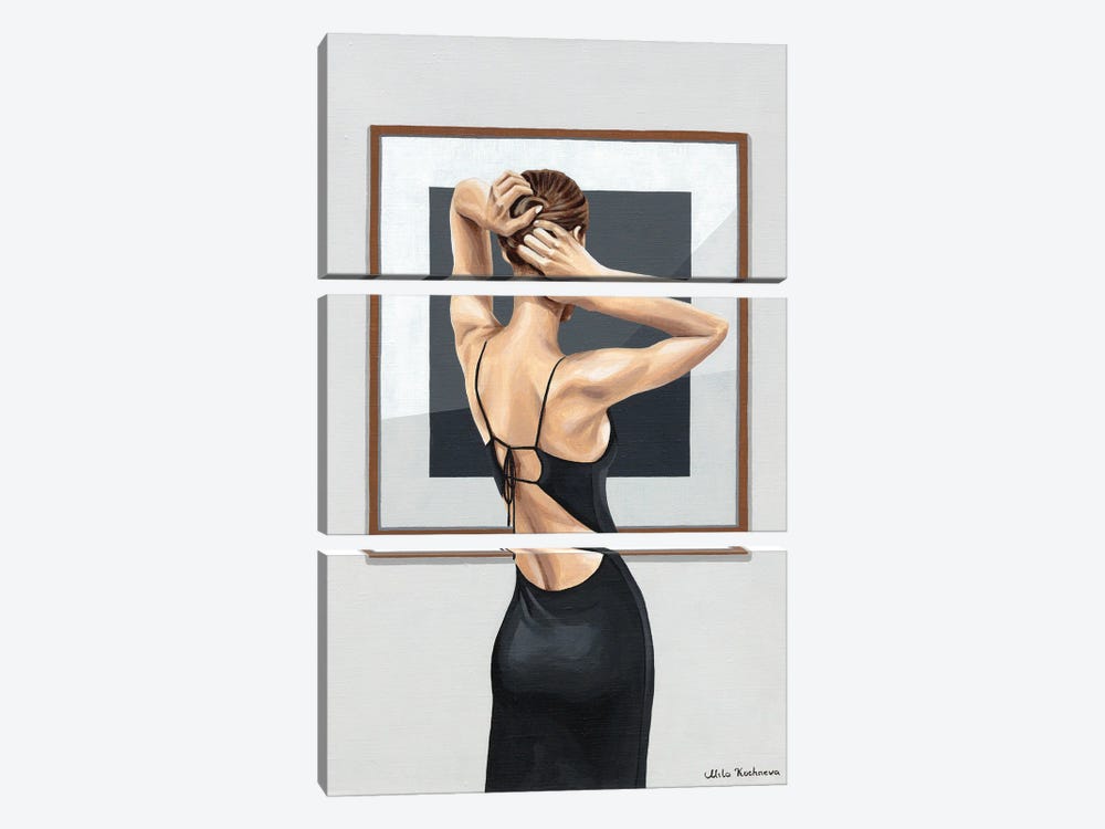 Woman In Gallery. Malevich's Black Square by Mila Kochneva 3-piece Canvas Artwork