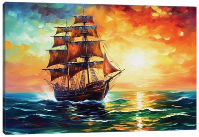 Old Sailing Ship In Sunset Canvas Art Print - Sailboat Art