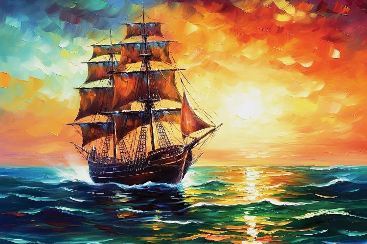 Old Sailing Ship In Sunset