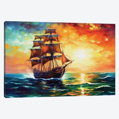 Old Sailing Ship In Sunset Canvas Print #MKH223} by Mark Ashkenazi Art Print