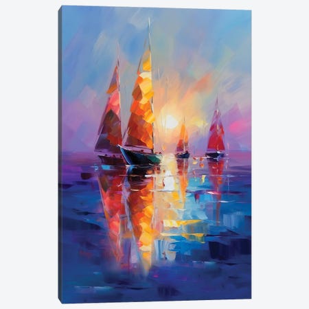 Sailboats In A Calm Sunset Canvas Print #MKH225} by Mark Ashkenazi Canvas Wall Art