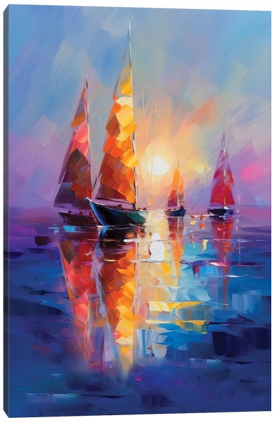 Sailboats In A Calm Sunset Canvas Art Print - Mark Ashkenazi