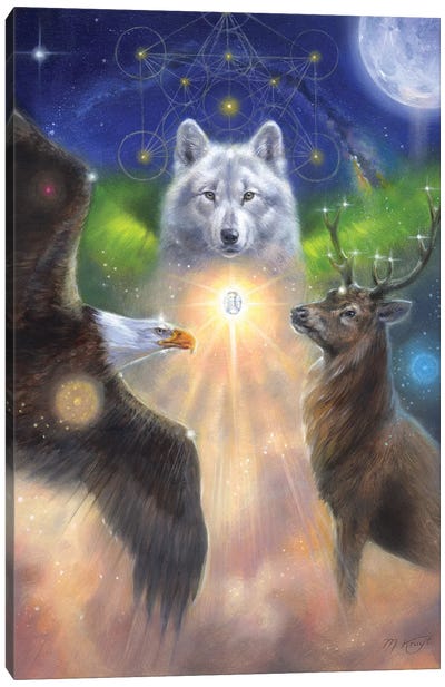 Power Animals Oracle With Metatron Cube (Bald Eagle, Stag And Wolf) Canvas Art Print - Eagle Art