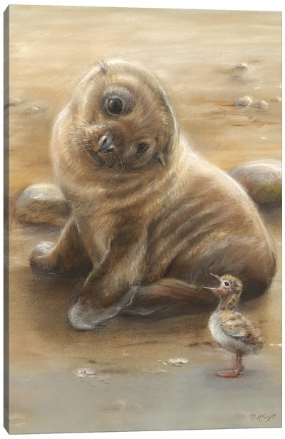 New Friends - Sea Lion And Tern Baby Canvas Art Print - Marjolein Kruijt