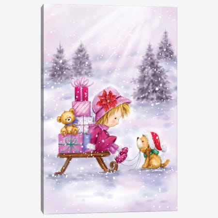 Girl With Present And Dog Canvas Print #MKK115} by MAKIKO Canvas Wall Art
