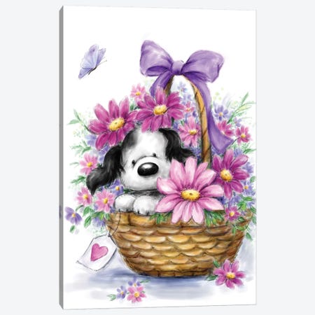 Grey Dog in Basket Canvas Print #MKK126} by MAKIKO Canvas Art Print
