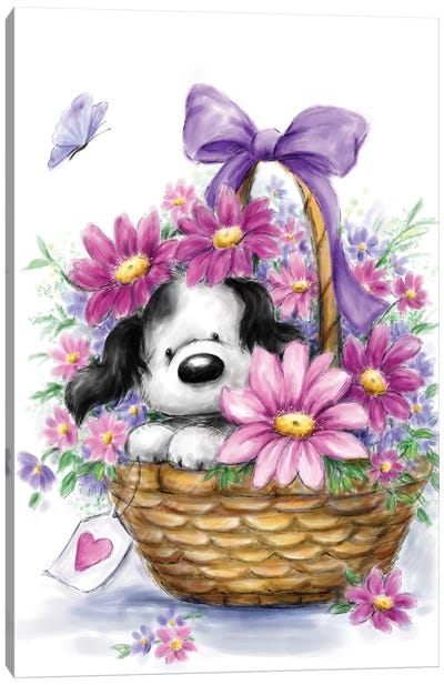Grey Dog in Basket Canvas Art Print