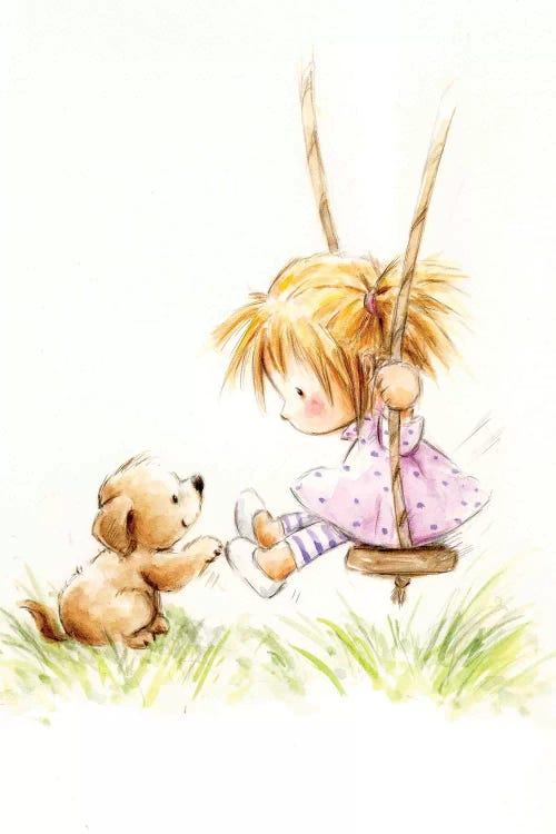 Little Girl on Swing with Dog by MAKIKO wall art