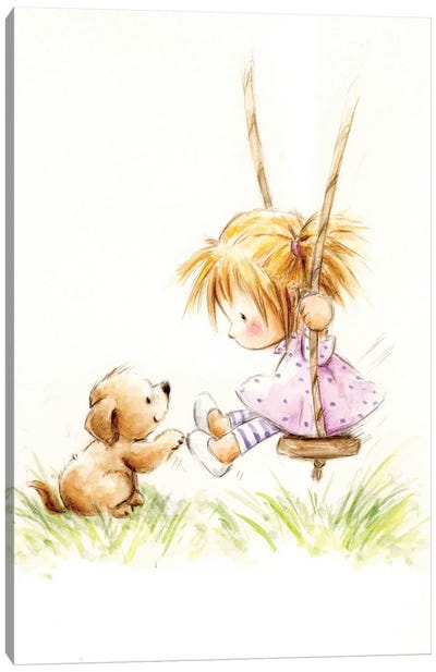Little Girl on Swing with Dog Canvas Art Print - MAKIKO