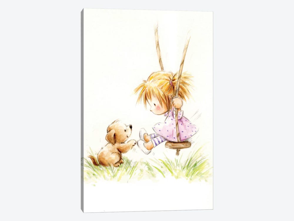 Little Girl on Swing with Dog by MAKIKO 1-piece Canvas Artwork