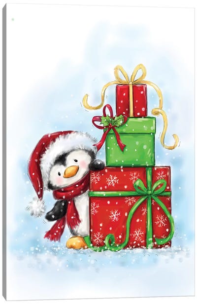 Penguin And Presents Canvas Art Print - Christmas Animal Art
