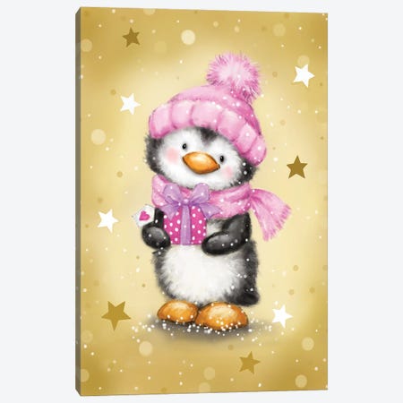 Penguin With Pink Package Canvas Print #MKK165} by MAKIKO Canvas Art Print
