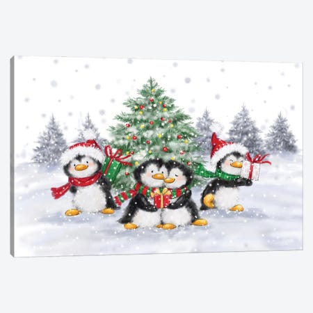 Penguins Christmas Canvas Print #MKK169} by MAKIKO Canvas Wall Art