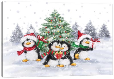 Penguins Christmas Canvas Art Print - Penguin Art
