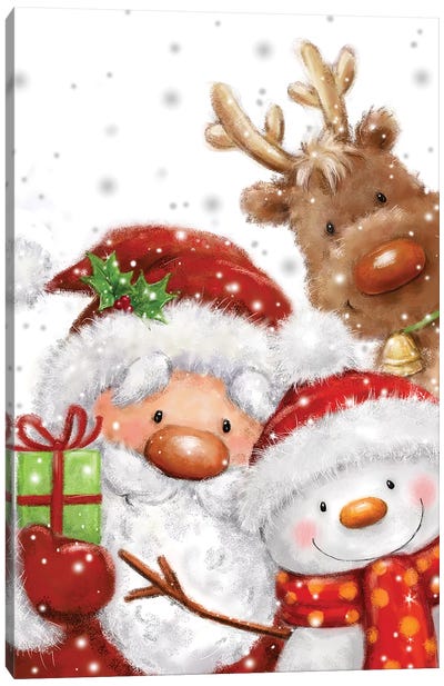 Santa Snowman and Reindeer Canvas Art Print - Santa Claus Art