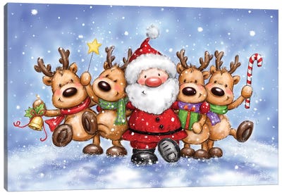 Santa With Reindeers Canvas Art Print - Deer Art