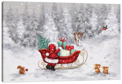 Santa With Sleigh II Canvas Art Print - Reindeer