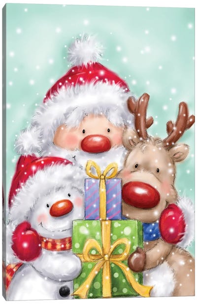 Santa, Reindeer And Snowman Canvas Art Print - Reindeer