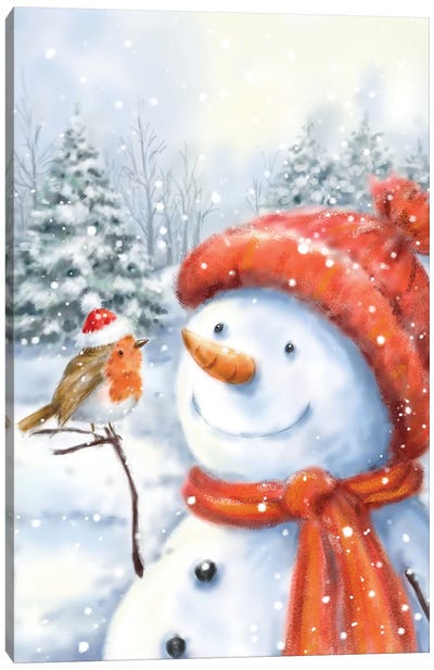 Snowman And Robin I Canvas Art Print - Snowman Art
