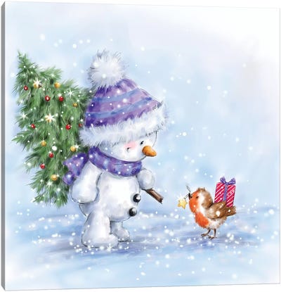 Snowman and Robin VII Canvas Art Print - Christmas Trees & Wreath Art