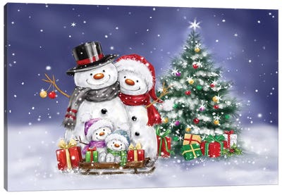 Snowman Family and Tree Canvas Art Print - Snowman Art