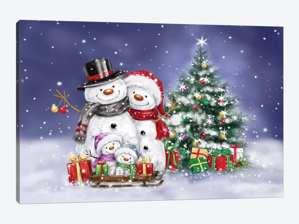 Snowman Family and Tree by MAKIKO 1-piece Canvas Art Print