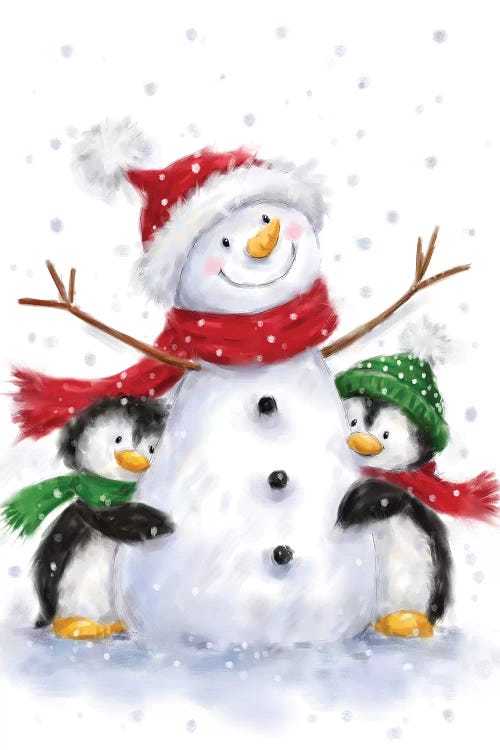 Snowman With Two Penguins