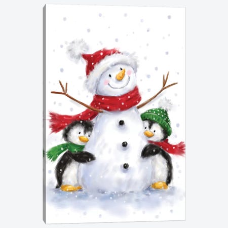 Snowman With Two Penguins Canvas Print #MKK295} by MAKIKO Art Print