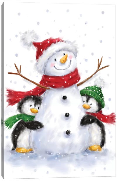 Snowman With Two Penguins Canvas Art Print - Penguin Art