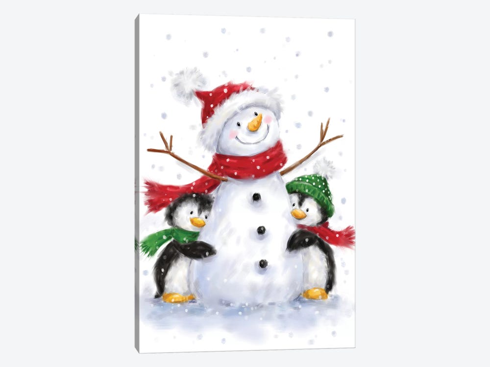 Snowman With Two Penguins by MAKIKO 1-piece Canvas Art