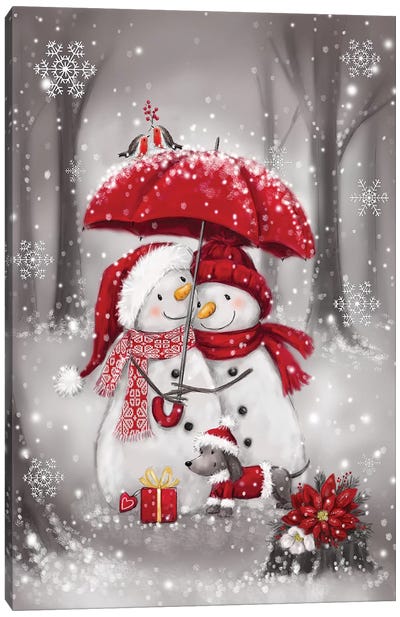 Snowmen With Umbrella  IV Canvas Art Print - Holiday Décor