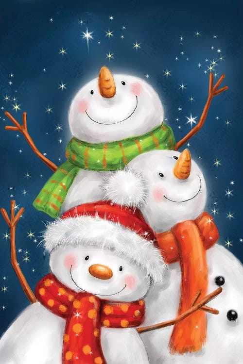 Three Snowmen Blue Background