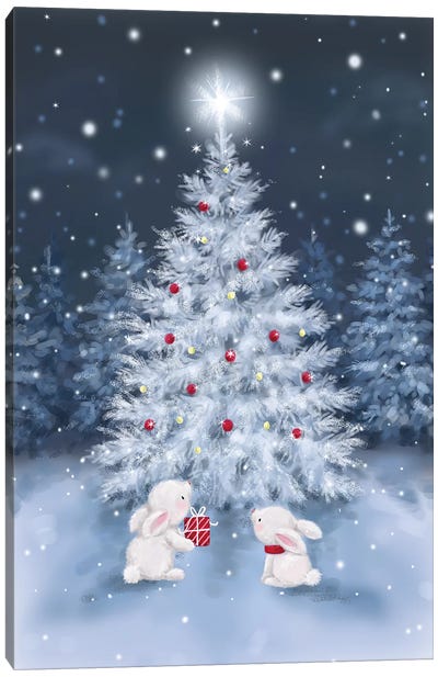 Tree With Rabbits Canvas Art Print - Christmas Scenes