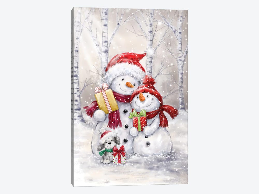 Two Snowmen And Dog by MAKIKO 1-piece Canvas Wall Art