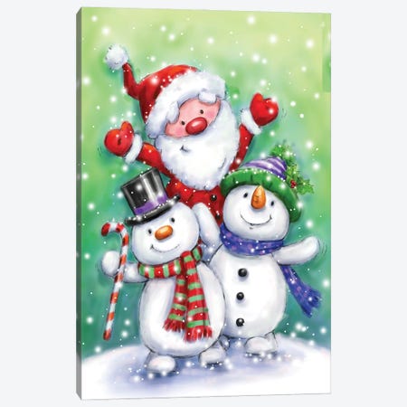 Two Snowmen And Santa Canvas Print #MKK339} by MAKIKO Canvas Art Print
