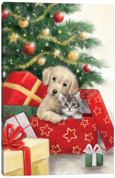 Christmas Dog and Cat in Box Canvas Art Print - MAKIKO