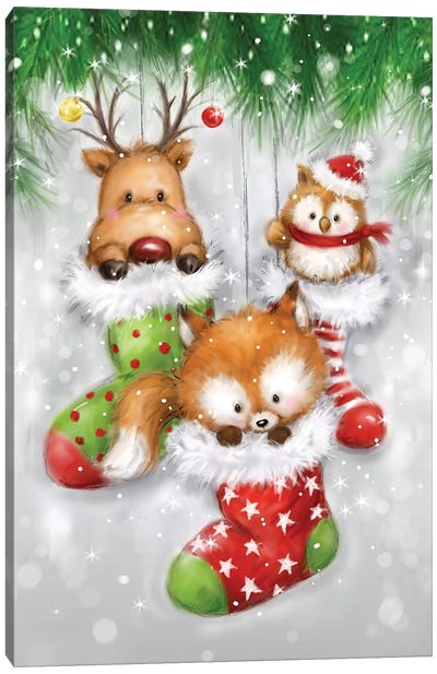 Deer Owl And Fox Canvas Art Print - Christmas Animal Art