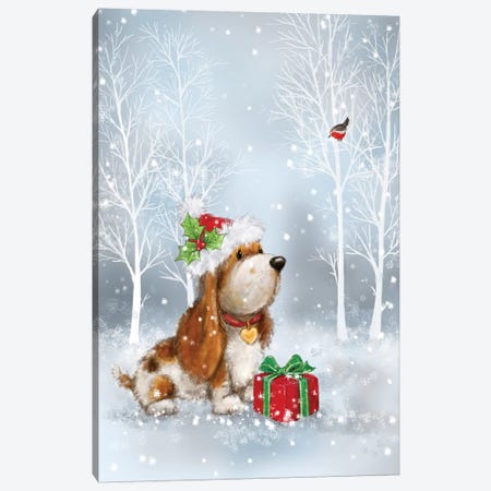 Dog And Robin With Present Canvas Print #MKK69} by MAKIKO Canvas Artwork
