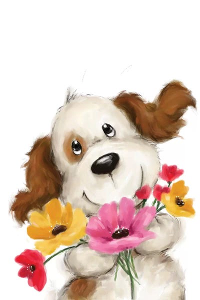 Dog with Flowers II by MAKIKO framed canvas print