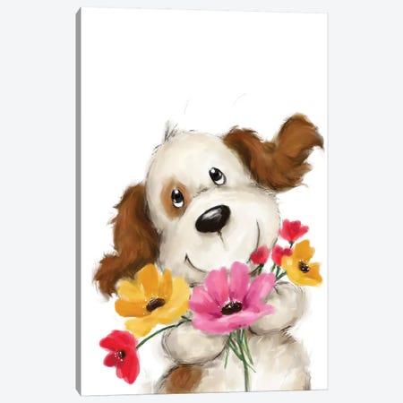Dog with Flowers II Canvas Print #MKK73} by MAKIKO Canvas Print
