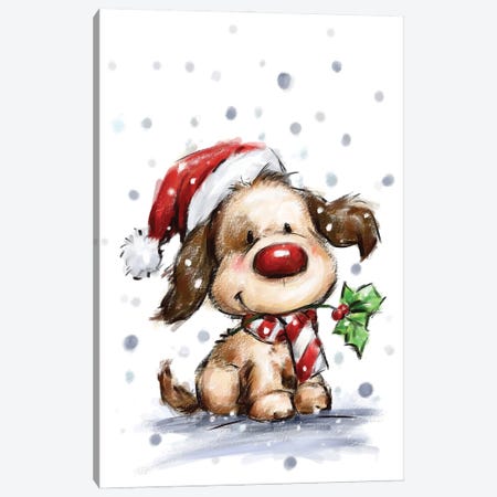 Dog with Holly Canvas Print #MKK76} by MAKIKO Canvas Art