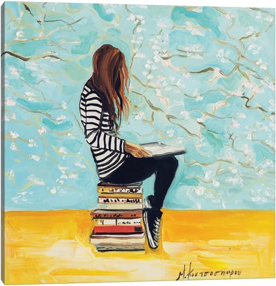 Girl Reading Canvas Art Print - Cherry Blossom Art