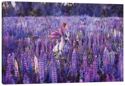 The Girl In Lupin Fields Canvas Art Print - Lupines